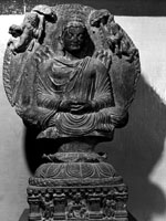 Buddha, standing, in dhyanamudra, with a halo of flames, with Brahma & Indra by his head
