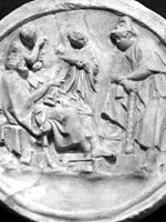 Circular 'plaque' showing a poet and a muse with a zither